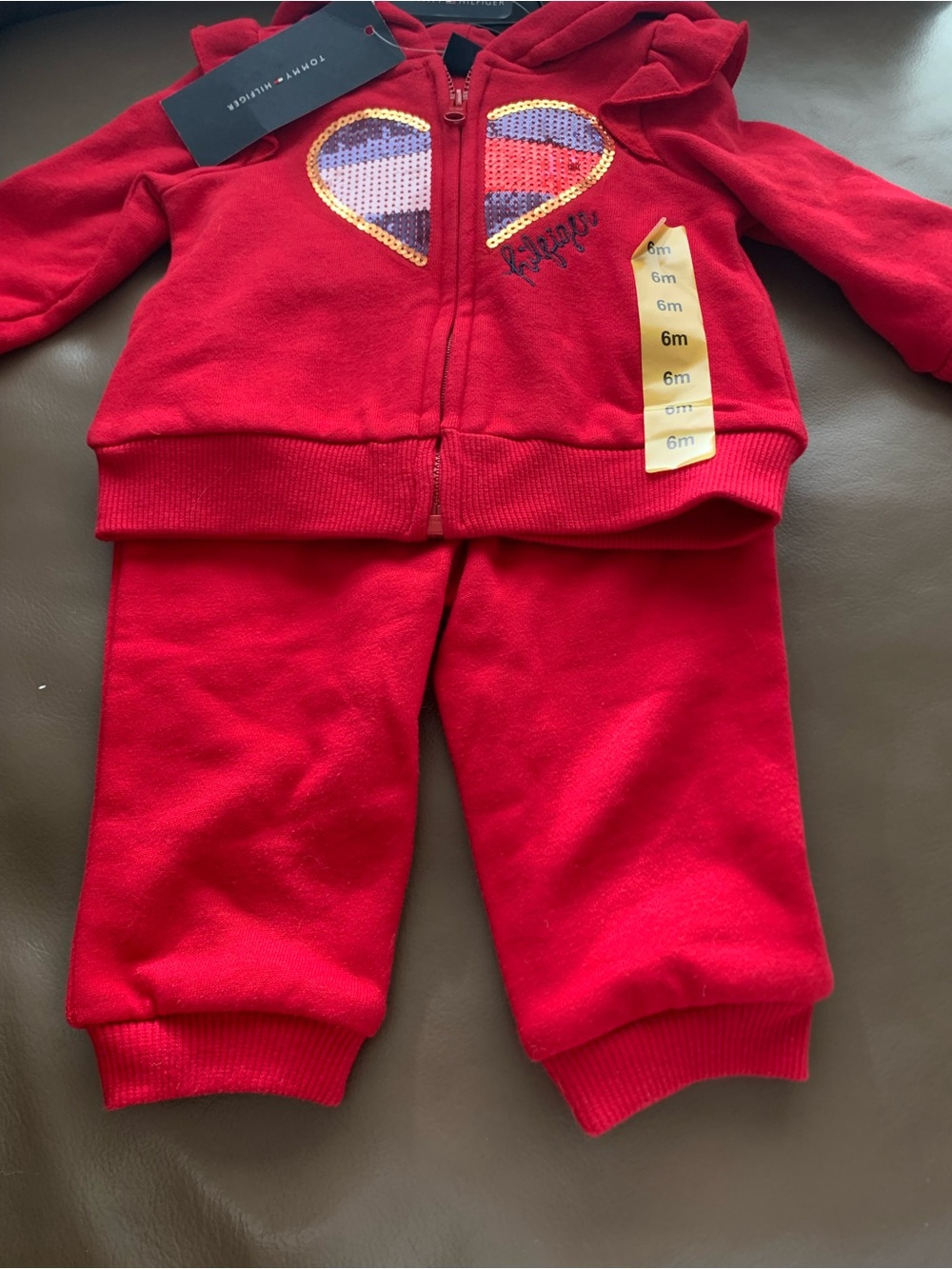 Tommy Hilfiger Red Sequin Heart Baby Hoodie & Pants Set - Picture 3 of 17